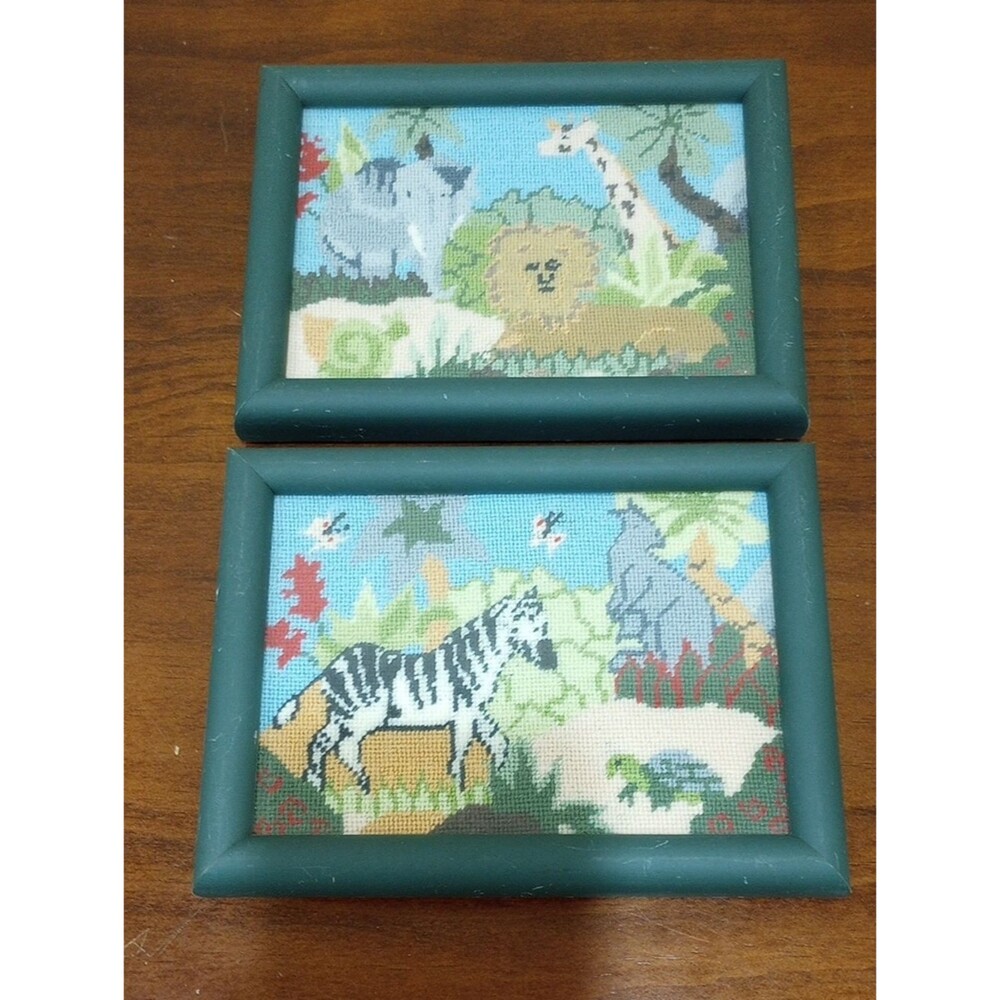 Safari Framed Needlepoint, Set Of 2 - Vintage!